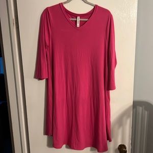 Hot Pink, V-Neck T-shirt dress, stretchy with pockets, 3/4 length sleeves
